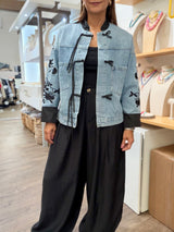 Mandarin Neck & Embroidered Sleeves Denim Jacket