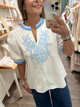 Ivory & Light Blue Stripes Contrast Top