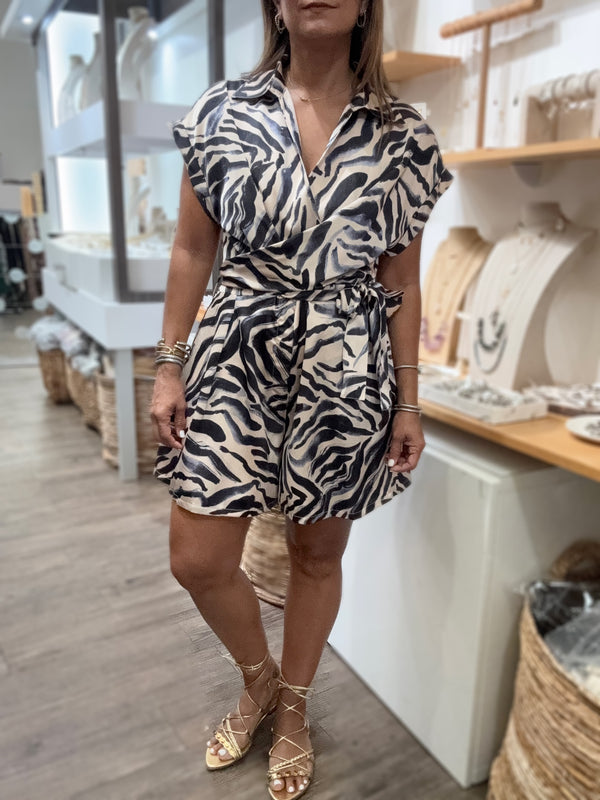 Blue Print Waist Tie Romper