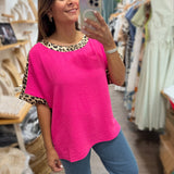 Hot Pink & Leopard Print Detail Top