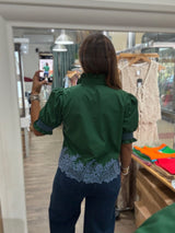 Hunter Green & Blue Embroidered Detail Top