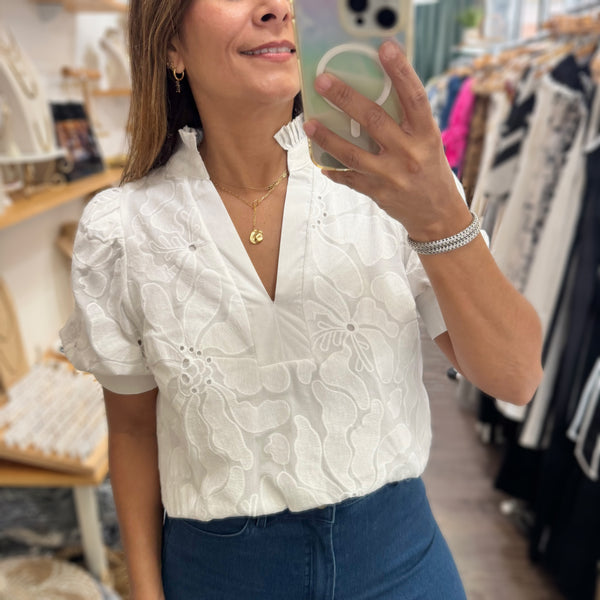 White Flower Embroidered Top