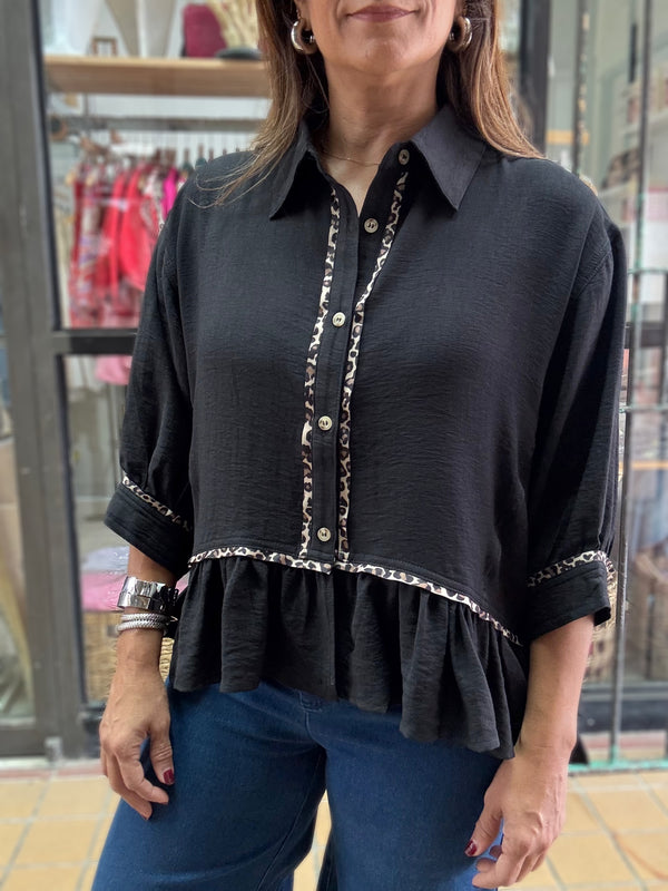 Black Leopard Trim Top