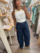 Dark Denim Pleated Detail Jeans