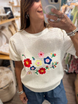 Ivory Knitted Embroidered Flowers Top