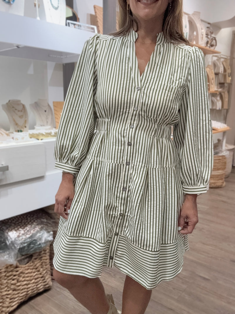 Green Stripes Cinched Waist Dress