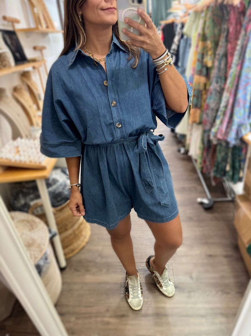 Denim Elastic Waist Romper