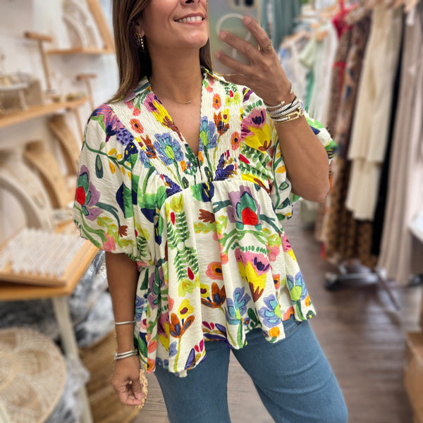 Colorful Print Puff Sleeves Top