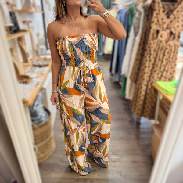 Leaves Print Strapless Jumpsuit