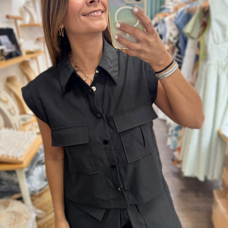 Black Front Pockets Top & Skort Set