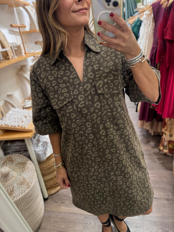 Olive Mix Front Pockets Dress