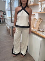 Beige & Black Halter Top & Pants Set