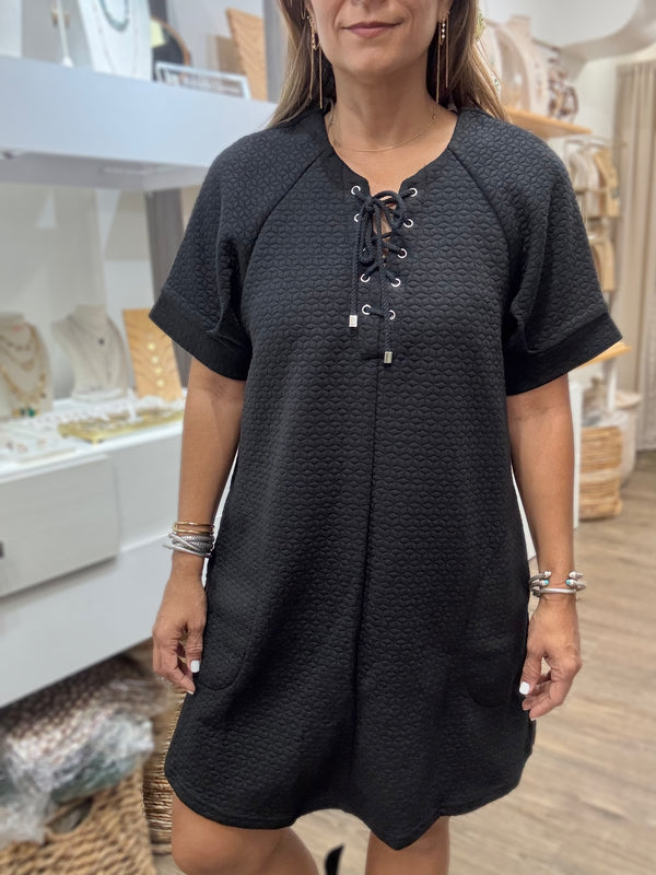 Black Textured Lace-Up Detail Dress