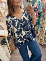 Navy Print Drawstring Top