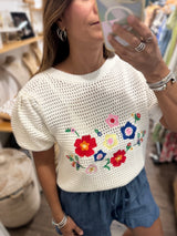Ivory Knitted Embroidered Flowers Top