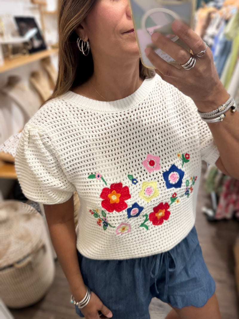 Ivory Knitted Embroidered Flowers Top