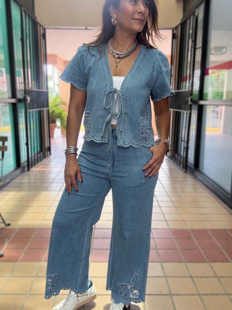 Light Denim Ties Front Top & Pant Set