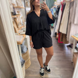 Black V-Neck Top & Shorts Set