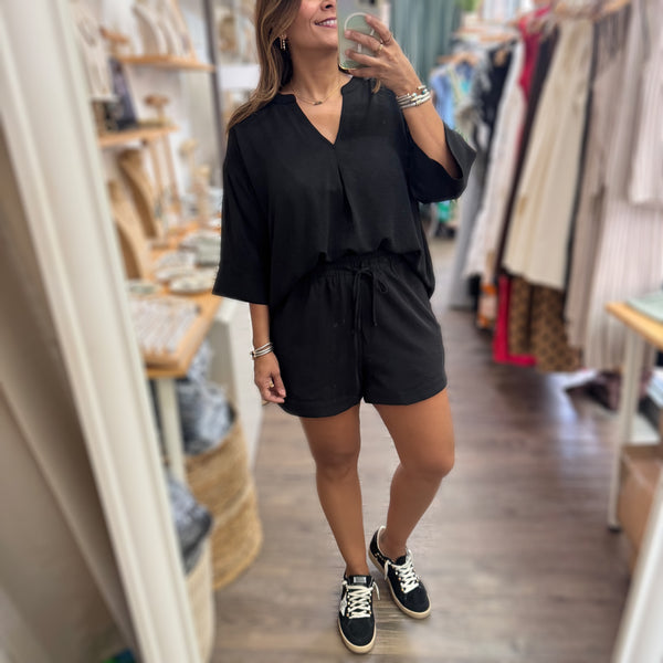 Black V-Neck Top & Shorts Set