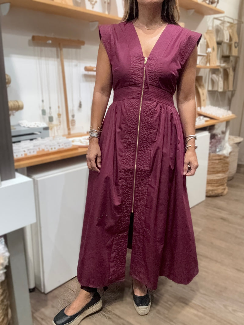 Burgundy V-Neck Front Zipper Dress