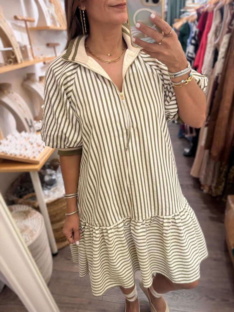 Olive Stripes Front Zipper Dress
