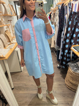Blue & Red Contrast Shirt Dress