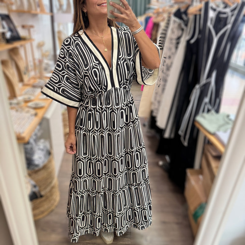 Black Geometric Print Kimono Sleeves Dress
