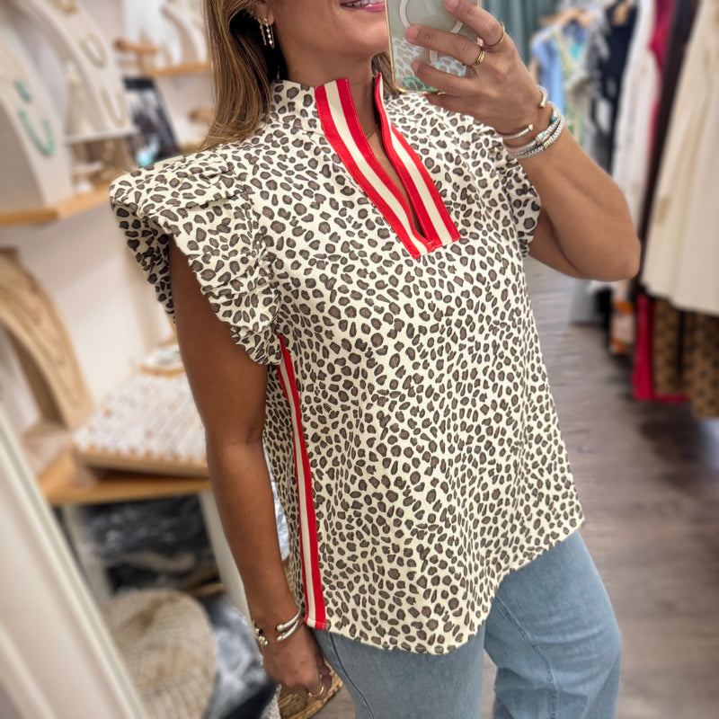 Red Neck Detail Leopard Print Top