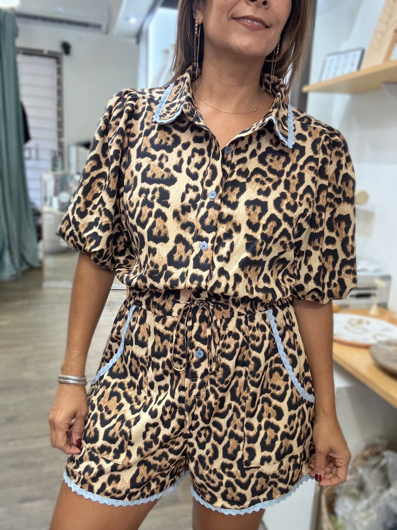 Leopard Print & Blue Trim Detail Romper