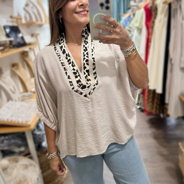 Oatmeal Leopard Print Neck Top