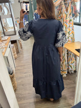Navy Embroidered Sleeves Tiered Dress