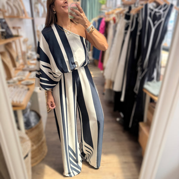 Navy Stripes One Shoulder Jumpsuit