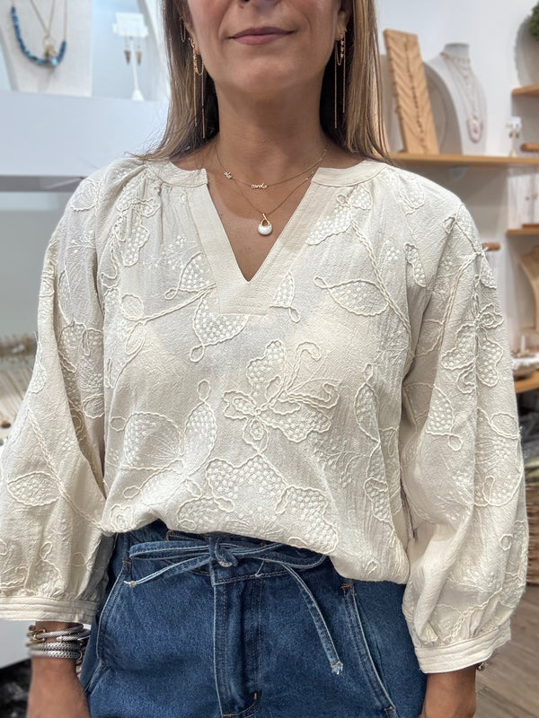 Almond Embroidered V-Neck Top