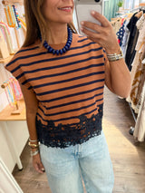 Brown & Navy Lace Hem Detail Top