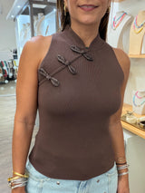 Brown Mandarin Neck Top