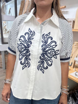 Blue Embroidered Detail Button Down Top