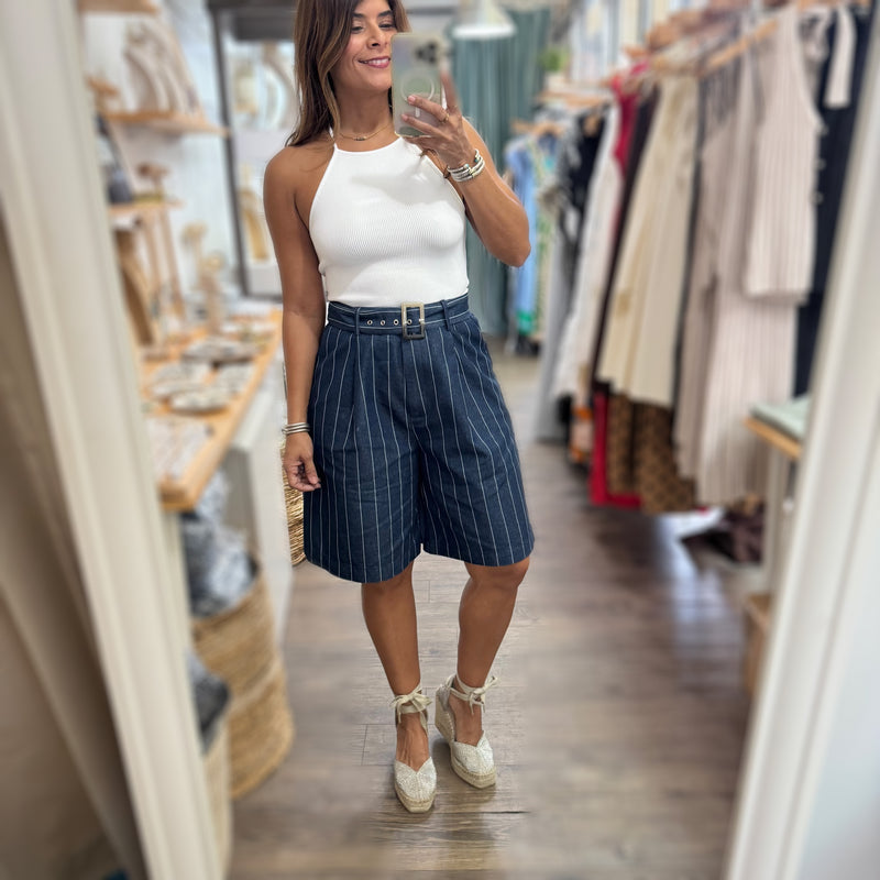 Indigo Denim Striped Top & Shorts Set