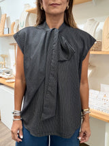Black Thin Stripes Neck Detail Top