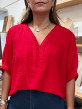 Red Braided V-Neck Top