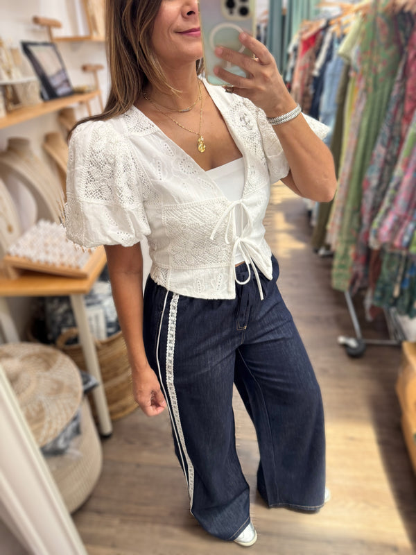 White Crochet Contrast Top