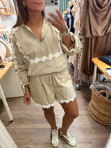 Beige Trim Detail Jacket & Shorts Set