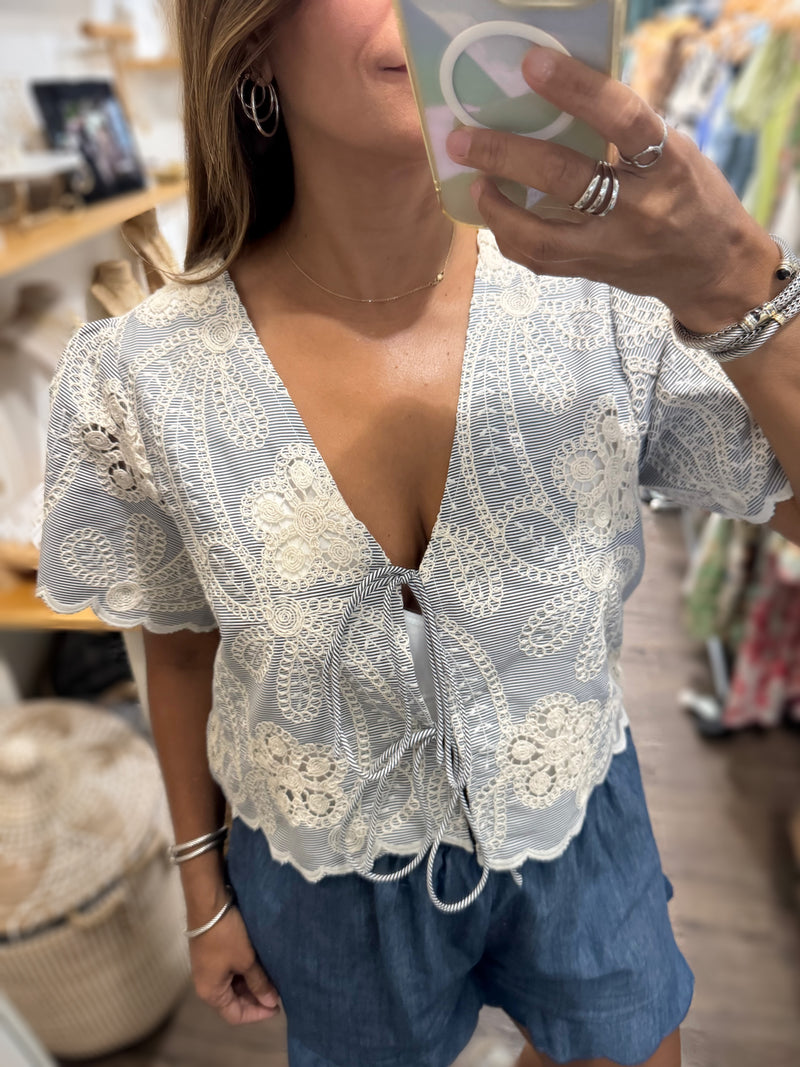 Blue Stripes & Crochet Contrast Top