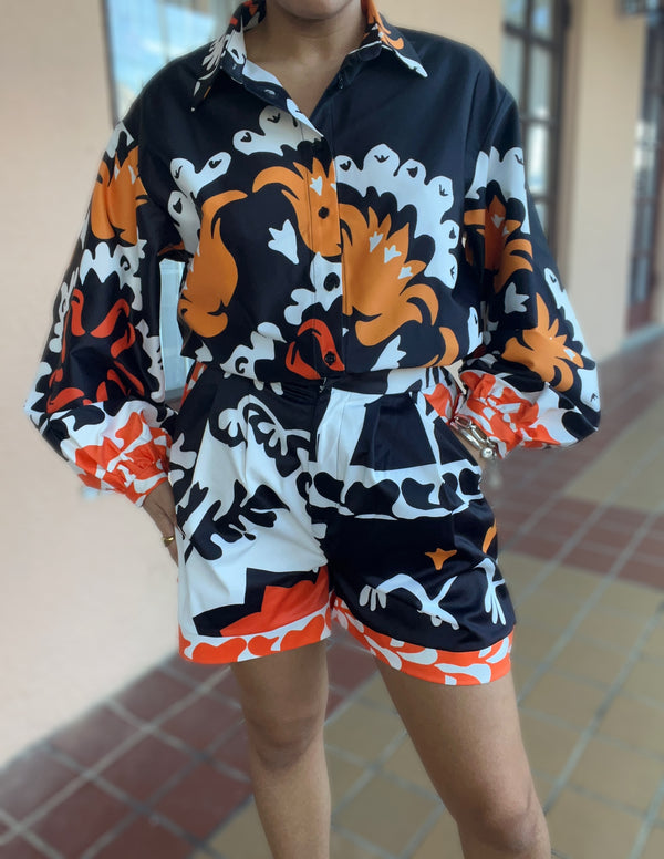 Black Print Top & Shorts Set