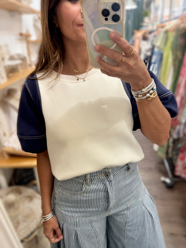 Navy Contrast Sleeves Top