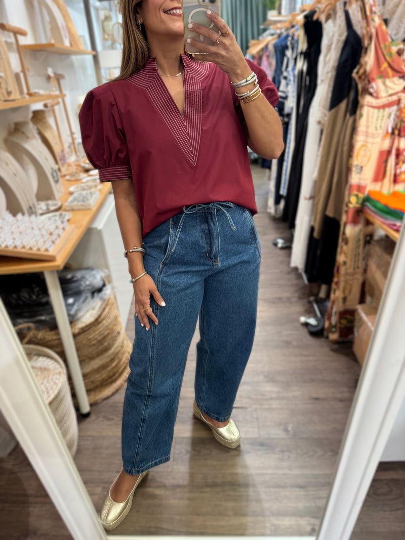 Burgundy Contrast Stitch Top