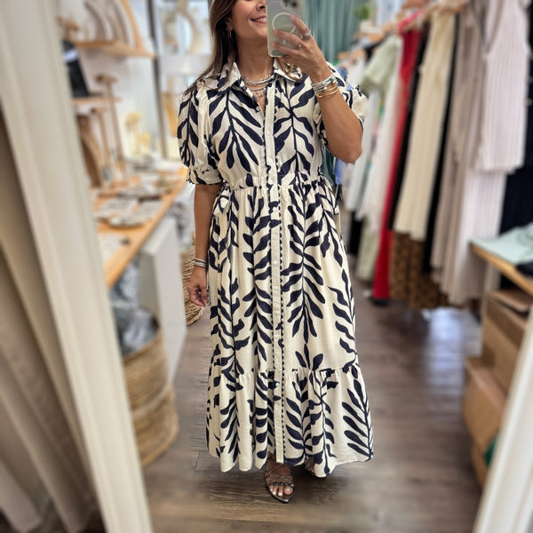 Navy Print Drawstring Waist Dress