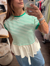 Green Stripes Scalloped Hem Top