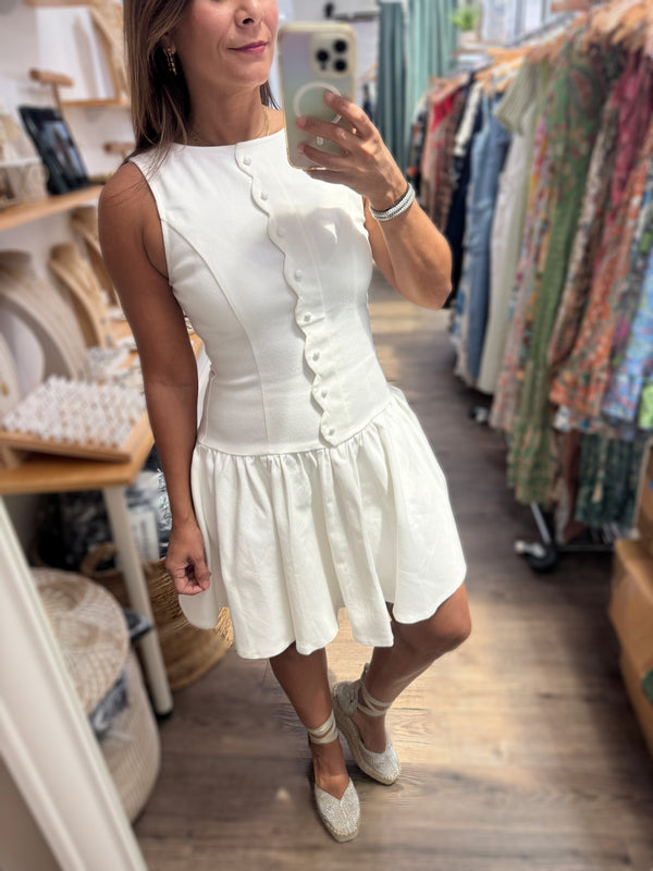 White Denim Scalloped Detail Dress