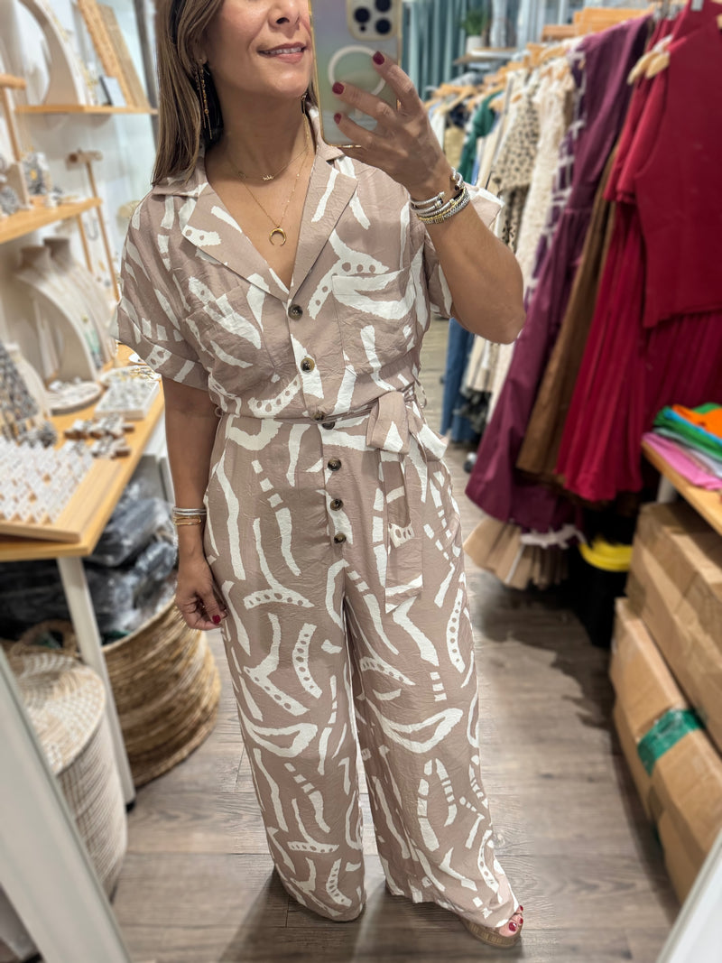 Taupe Print Collared Jumpsuit
