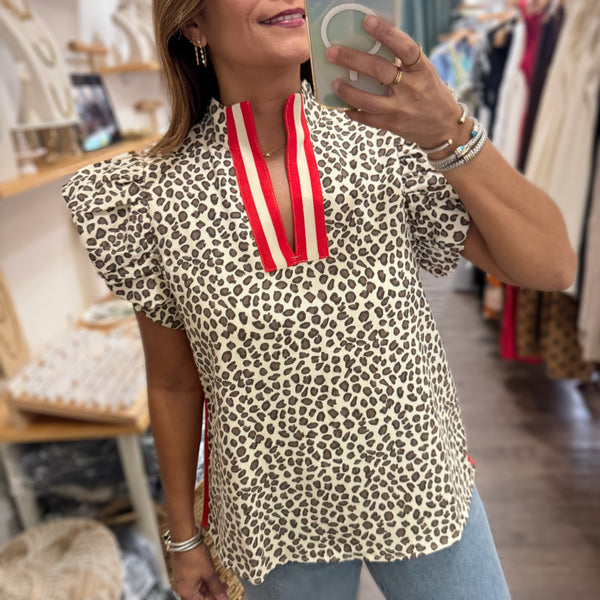 Red Neck Detail Leopard Print Top